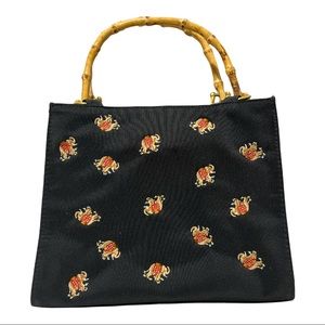 PREZZO  Black Handbag purse w Elephants bamboo handles